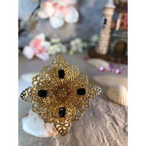 Vintage Gold Tone Filigree Brooch Tiered Prong Set Rhinestones